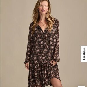 Lucky Brand Brown Floral Long-Sleeve V-Neck Midi Dress
